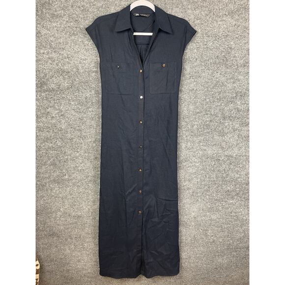 Zara Linen Navy Blue Sleeveless Button-down Maxi Shirt Dress Size XS - Picture 1 of 15
